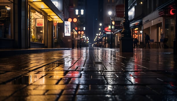 sidewalk at night after rain with wet streets Ai Generative photo
