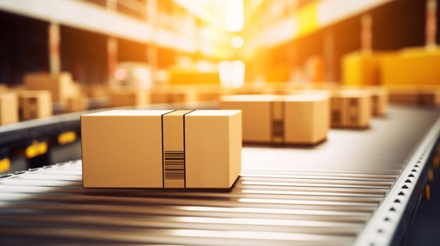 Generative AI, cardboard box packages moving along a conveyor belt photo