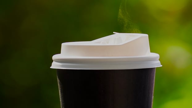 coffee takeaway in a paper cup on top of the car roof green tree background at sunrise in the morning,  selective focus, soft focus. photo