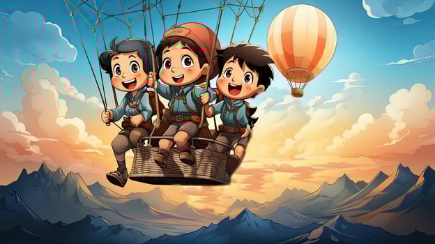 Cartoon illustration of a group of kids flying on a hot air balloon. photo