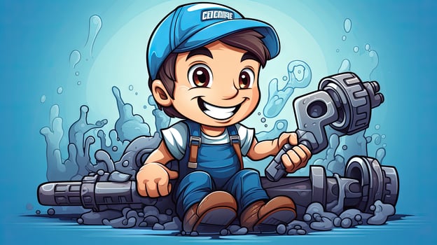 Vector illustration of cartoon boy repairing water pipe on a blue background. photo