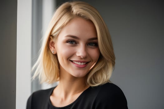 AI Generated Portrait beautiful blonde model young woman with white teeth smile, healthy long hair and beauty skin. Concept of advertising dentist and facial care. Generative AI photo