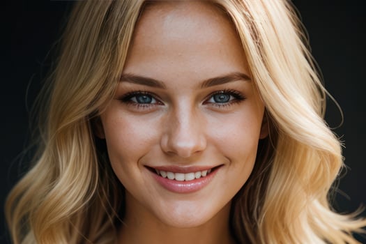 AI Generated Portrait beautiful blonde model young woman with white teeth smile, healthy long hair and beauty skin. Concept of advertising dentist and facial care. Generative AI photo
