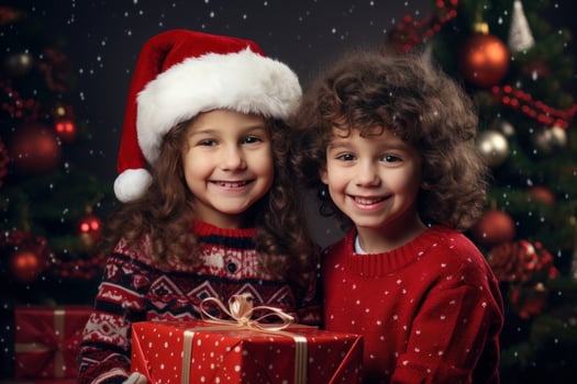 Funny kids with gift boxes at Christmas. Generate Ai photo