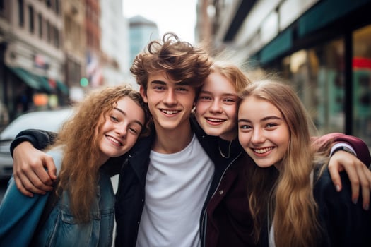 Happy teenagers posing on city street. Generate Ai photo