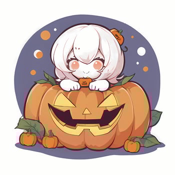 Cute Chibi Girl On Top of Pumpkin Halloween Sticker Cartoon Illustration Style photo