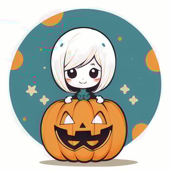 Cute Chibi Girl On Top of Pumpkin Halloween Sticker Cartoon Illustration Style photo