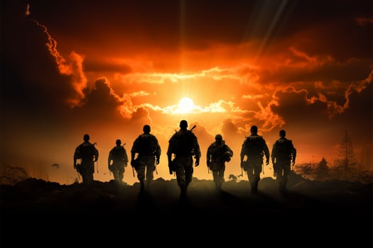 Silhouetted soldiers, strikingly framed by a dramatic and dynamic backdrop AI Generated photo