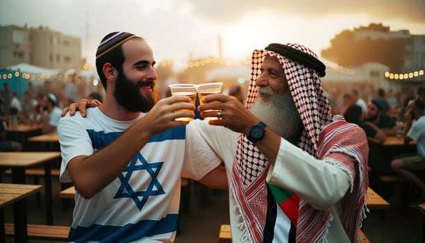 Jewish and Palestinian Men Toast to Peace and Unity. Generative AI. photo