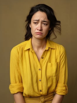 Mexican woman is sad on a minimalist neutral background AI Generative photo