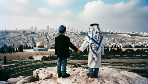 Symbol of Peace Jewish and Palestinian Friends in Jerusalem. Generative ai photo