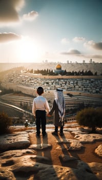 Symbol of Peace Jewish and Palestinian Friends in Jerusalem. Generative ai photo