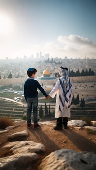 Symbol of Peace Jewish and Palestinian Friends in Jerusalem. Generative ai photo