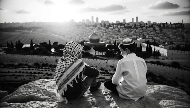 Symbol of Peace Jewish and Palestinian Friends in Jerusalem. Generative ai photo