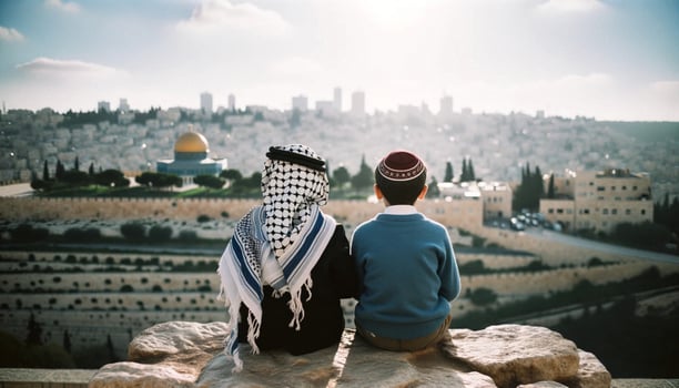 Symbol of Peace Jewish and Palestinian Friends in Jerusalem. Generative ai photo