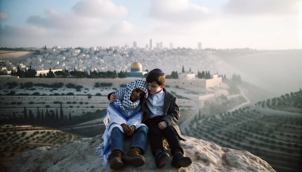 Symbol of Peace Jewish and Palestinian Friends in Jerusalem. Generative ai photo