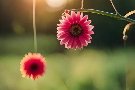 two pink flowers are hanging from a vine. AI-Generated photo