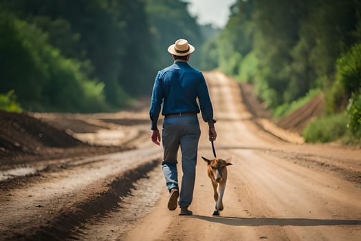a man walking his dog down a dirt road. AI-Generated photo