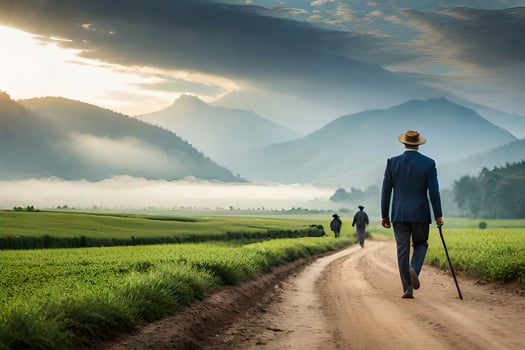 a man in a suit walks down a dirt road with a cane. AI-Generated photo