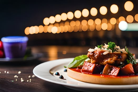 a plate with food on it sitting on a table. AI-Generated photo