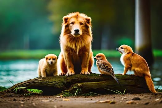 a lion and his family of birds. AI-Generated photo