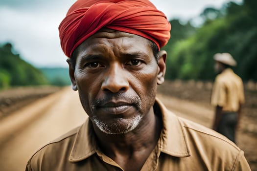 a man in a red turban stands on a dirt road. AI-Generated photo