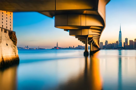 the city skyline is reflected in the water under a bridge. AI-Generated photo