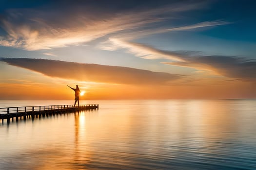 a man standing on a pier at sunset. AI-Generated photo