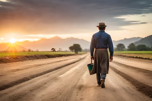 a man walking down a dirt road with a bucket and hat. AI-Generated photo