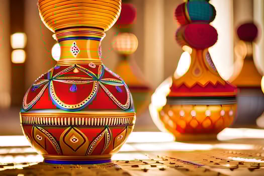 colorful vases are sitting on a table. AI-Generated photo