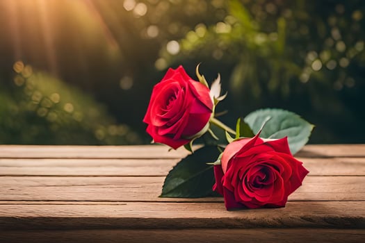 two red roses on a wooden table. AI-Generated photo