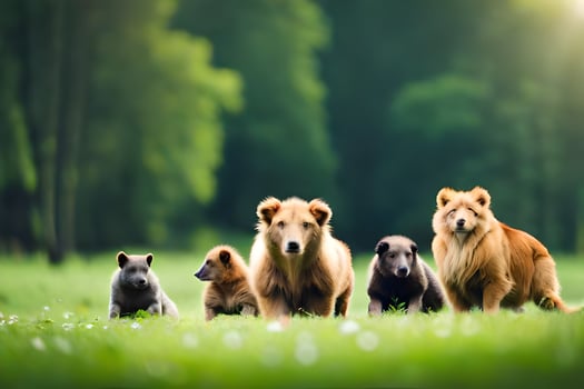 a group of dogs running in the grass. AI-Generated photo