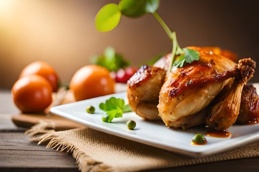 a chicken on a plate with vegetables and tomatoes. AI-Generated photo