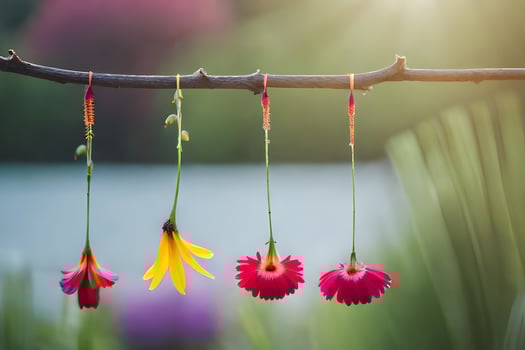four flowers hanging from a branch. AI-Generated photo