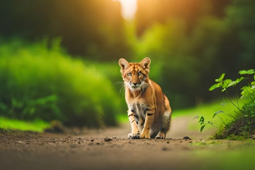 a tiger walking on a dirt road in the middle of a forest. AI-Generated photo