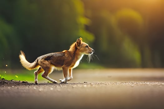 a dog walking on a road in the sunlight. AI-Generated photo