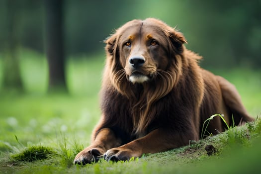 a large brown dog laying in the grass. AI-Generated photo