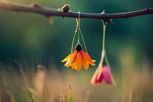 two flowers hanging from a branch in the grass. AI-Generated photo
