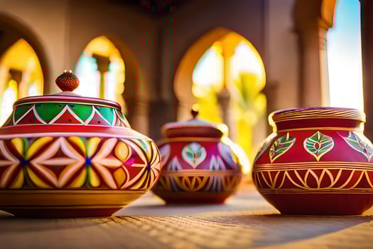 three colorful pots sitting on a wooden table. AI-Generated photo