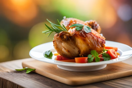 a plate of chicken with vegetables on a wooden table. AI-Generated photo