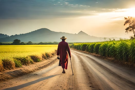 a monk walking down a dirt road in the countryside. AI-Generated photo