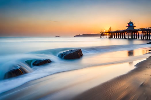 a long exposure photograph of a pier at sunset. AI-Generated photo