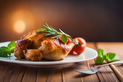 a chicken on a plate with tomatoes and herbs. AI-Generated photo
