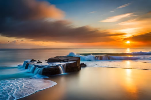 the sun sets over the ocean and waves. AI-Generated photo