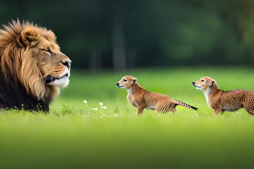 a lion and two cheetah cubs in the grass. AI-Generated photo