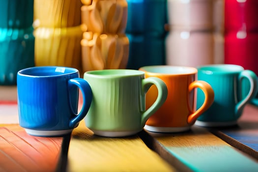 colorful coffee cups on a wooden table. AI-Generated photo