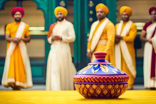 a group of men in traditional indian clothing standing around a pot. AI-Generated photo