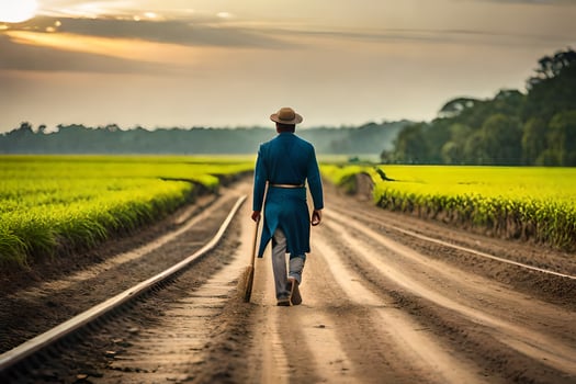 a man in a blue suit walks down a dirt road. AI-Generated photo