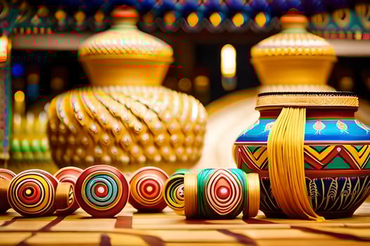 colorful pottery and other decorative items on a table. AI-Generated photo