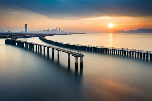 a long exposure photo of a pier in the ocean. AI-Generated